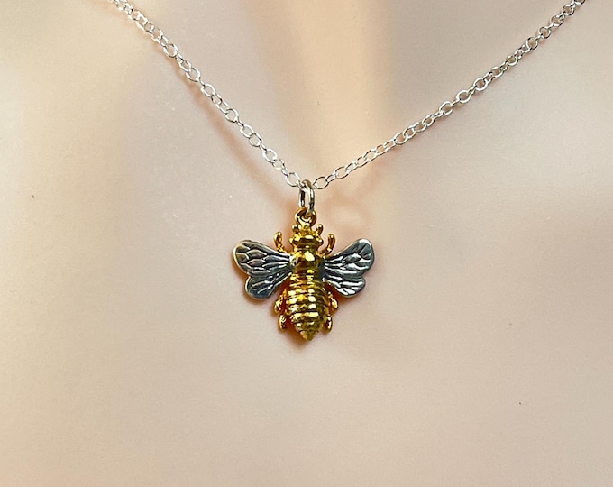 Bumblebee Pendant Necklace, 24k Goldplated accent on 925 Silver Body, Silvertone Chain, 16mmx18mm, 18” Chain