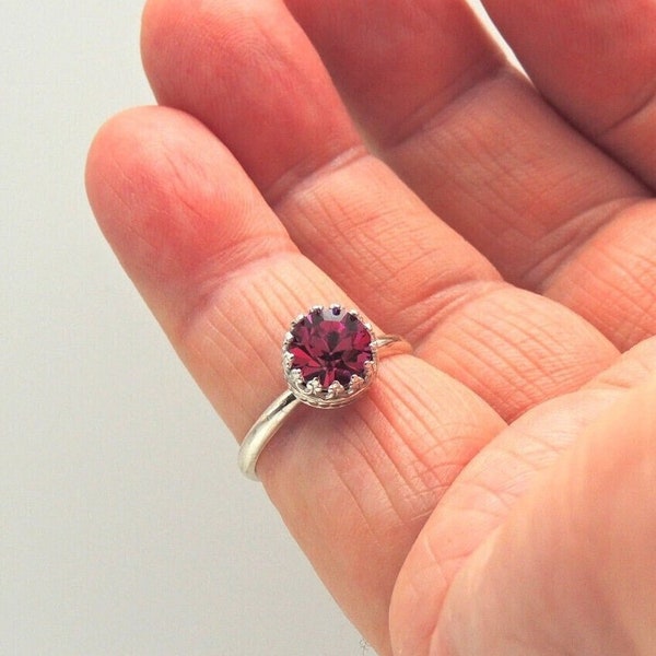 Handmade USA, Fuchsia Color Austrian 8mm crystal, 925 sterling silver setting and band, hand made, various sizes, statement ring