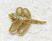 Dragonfly Brooch Vintage Brooch Pin 1980s Signed Monet Costume Jewelry Harp Wings Clear Rhinestones High Gloss Goldtone Monet Jewelry