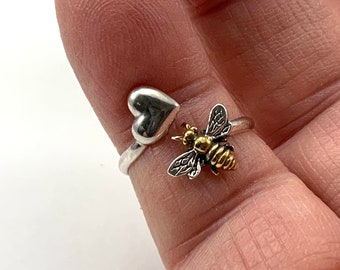 Sterling Silver Honey Bee Heart Ring, Adjustable ByPass