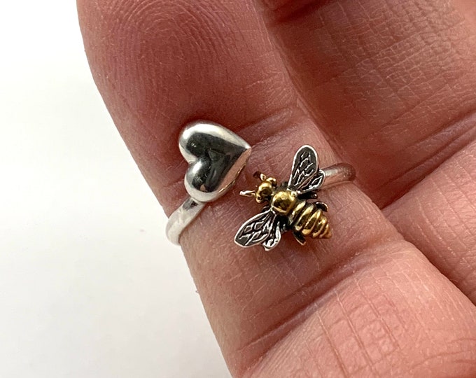 Sterling Silver Honey Bee Heart Ring, Adjustable ByPass