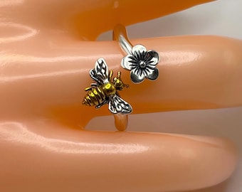 Handmade Sterling Silver Bee Ring: Adjustable Gold-Plated Honeybee