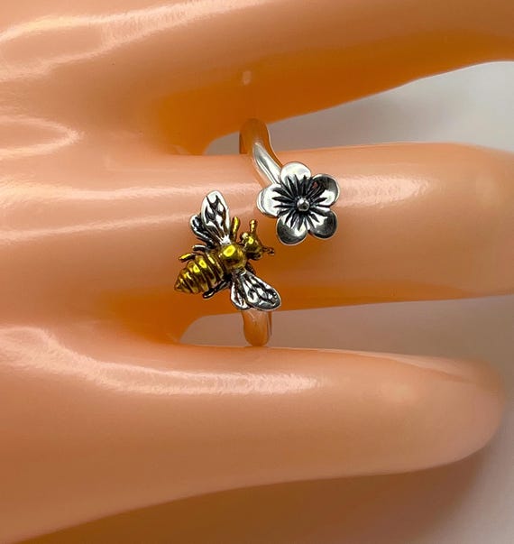 Adjustable Honey Bee Ring, 24kt Gold Accent, Handmade USA