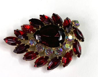 Vintage Red and AB Rhinestone Brooch, Leaf Design, Unsigned, Beautiful Sparkly Brooch