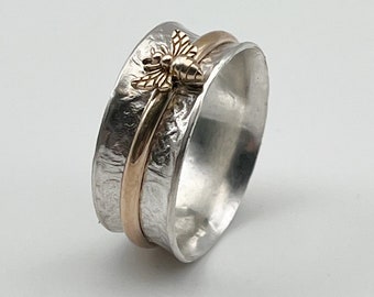 Honey Bee Spinner Ring, Various Sizes, Handmade in Ohio, Sterling Silver Band, Gold Filled Spinner, Valentine Gift