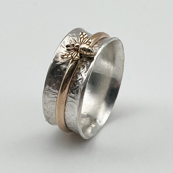 Honey Bee Spinner Ring, Various Sizes, Handmade in Ohio, Sterling Silver Band, Gold Filled Spinner, Valentine Gift