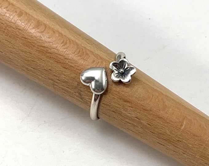 Handmade Sterling Silver Cherry Blossom Heart Bypass Ring