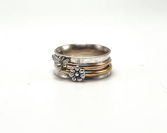 Handmade USA Sterling Silver Honey Comb Embossed Dual Band Spinner Ring