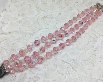 Vintage Pink Glass Bead Three Strand Bracelet