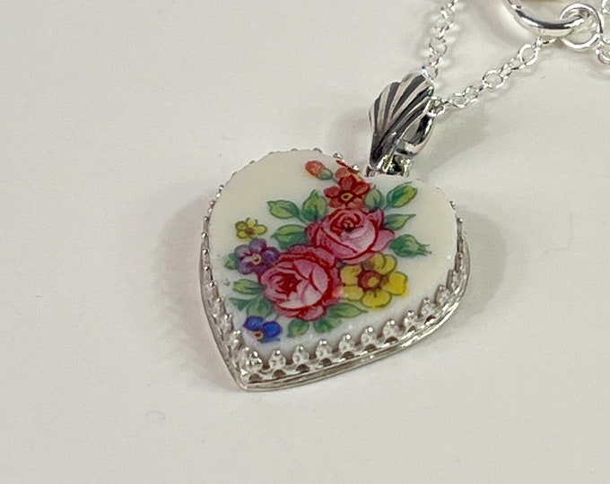 Handmade Broken China Heart Pendant, Sterling Silver Setting, Valentine Gift