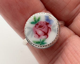 Broken China Ring, 925 Sterling Silver, Vintage Rose Pattern, Made in USA