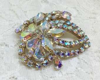 Vintage Aurora Borealis Rhinestone Flower Brooch Pin