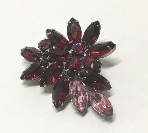 Vintage Flower Rhinestone Brooch, Red and Pink Rh… - image 2