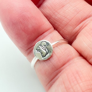 May include: A silver ring featuring a circular charm with a detailed squirrel design. The squirrel is in profile, with a curved tail and a small, round body. The ring band is thin and silver.