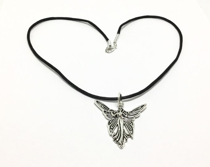 Fairy Charm Necklace, Antique Silvertone, 18” Black Cord, Lead and Nickle Free, Sweet Gift