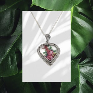Floral Broken China Pendant, Pink Roses and Leaves, Handcrafted Sterling Silver Custom Setting, Broken China Jewelry, Valentine Gift image 3