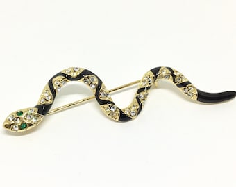 Vintage Enamel Rhinestone Snake Brooch, Snake Lovers, Black Enamel, Figural Snake, Clear Rhinestones