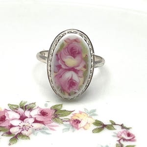 Handmade USA Broken China Ring from Vintage French Limoges Plate, Sterling Silver Setting, Mothers Day