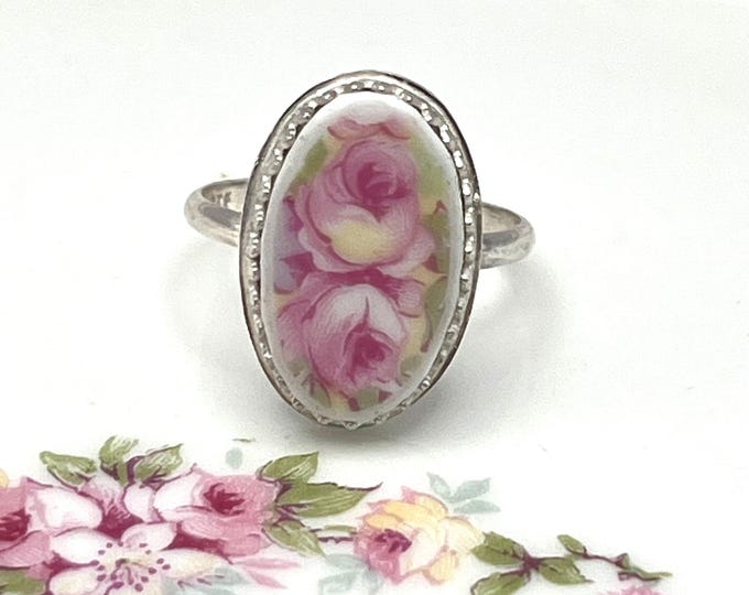 Handmade USA Broken China Ring from Vintage French Limoges Plate, Sterling Silver Setting