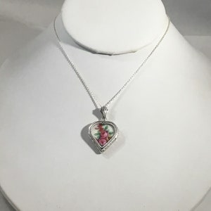 Floral Broken China Pendant, Pink Roses and Leaves, Handcrafted Sterling Silver Custom Setting, Broken China Jewelry, Valentine Gift image 7