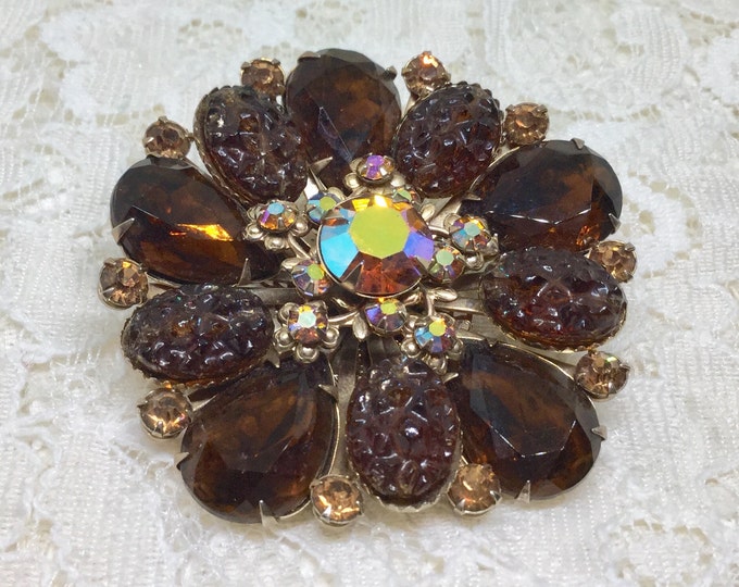 Vintage Dark Amber & AB Rhinestone Art Glass Floral Brooch Pin