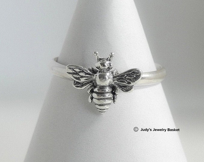 Sterling Silver Bee Ring, Handmade to Various Sizes, Available in 1/4 sizes, Handmade in USA