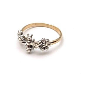 Handmade Sterling Silver Honeybee Flower Ring: 14/20 Gold Filled Band