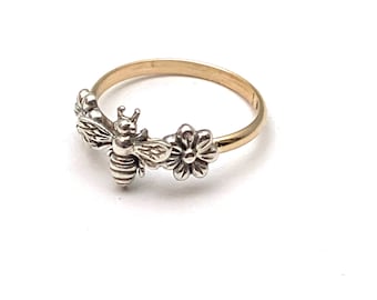 Handmade USA Flower Honeybee Ring, Sterling Silver Bee and Flowers, 14/20 Gold Filled Band, Boho