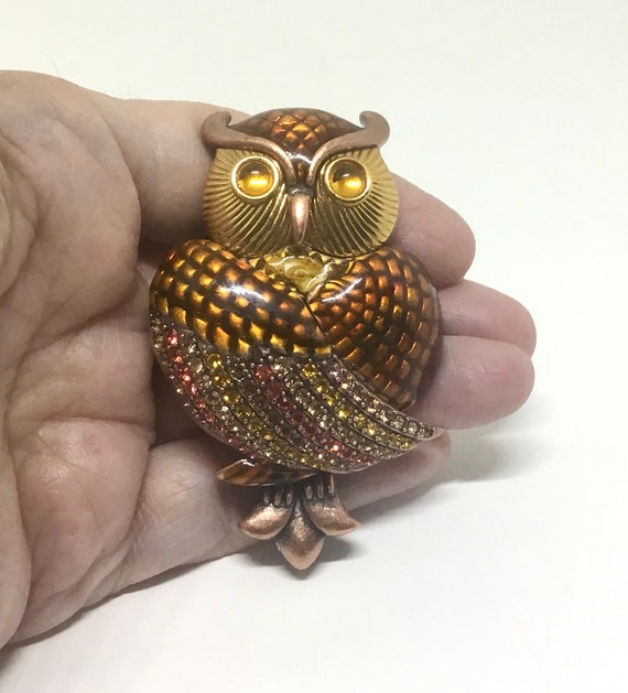 Vintage Joan Rivers Owl Brooch, Rninestones and En