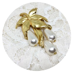 Vintage Faux Pearl Leaf Dangle Brooch