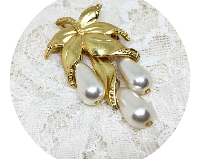 Vintage Faux Pearl Leaf Dangle Brooch