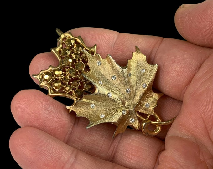 Vintage Signed Sarah Coventry Two Leaves Brooch Pin, Aurum and Clear Rhinestones, Autumn Brooch