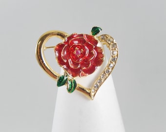 Vintage Red Enamel Rose in Goldtone Open Heart with Crystals