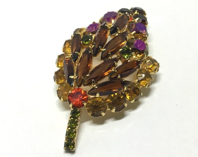 Vintage Rhinestone Leaf Brooch, Shades of Amber, Autumn Brooch