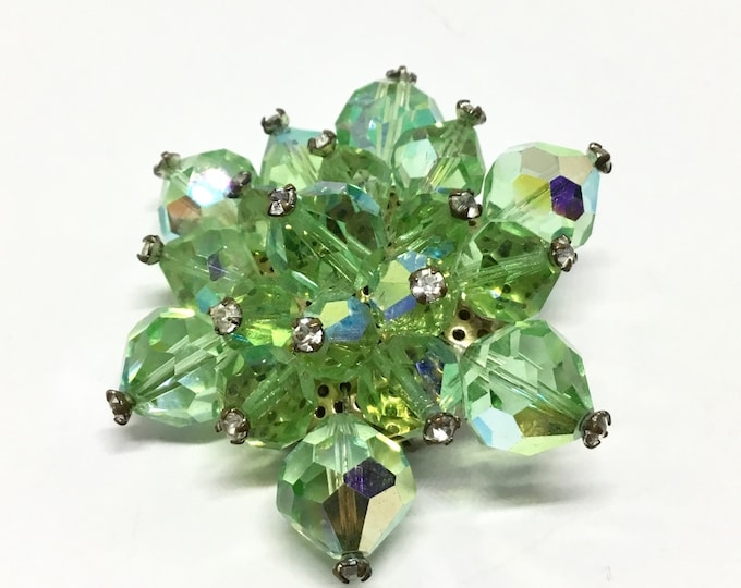 Vintage Bead Cluster Brooch,  Green Glass Beads, Wired Beads, Rhinestone Headpins