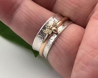 Handmade Sterling Silver Fidget Ring: Gold Filled Bronze Bee Spinner