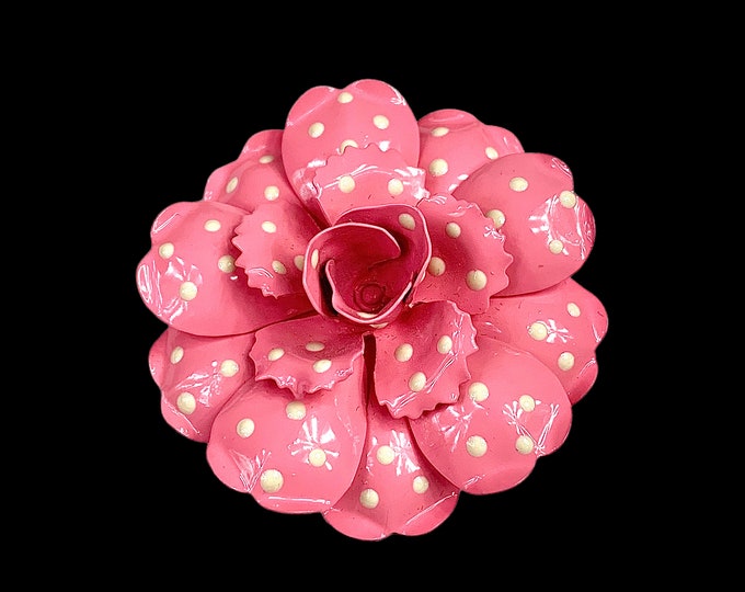 Vintage Joan Rivers Pink Polka Dot Flower Brooch, Glossy Pink Metal Flower, Retired