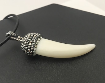 Buffalo Bone Tusk Pave Pendant with Black Cord, Chain Extender, Boho