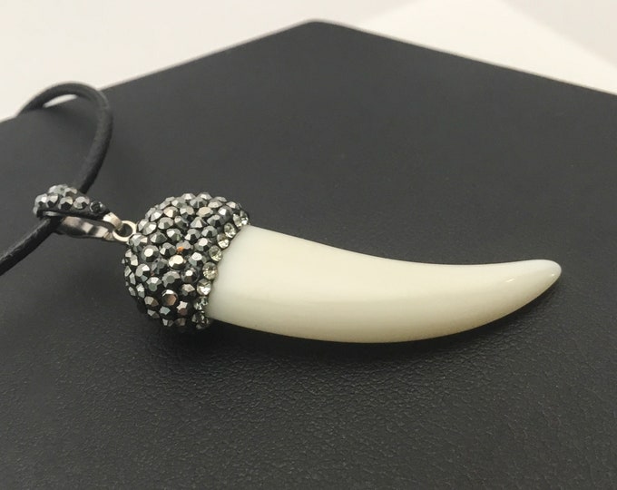 Buffalo Bone Tusk Pave Pendant with Black Cord, Chain Extender, Boho