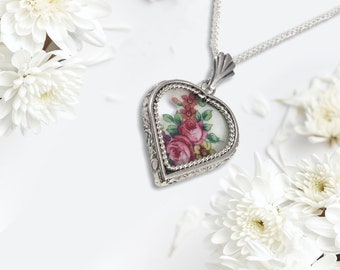Floral Broken China Pendant, Pink Roses and Leaves, Handcrafted Sterling Silver Custom Setting, Broken China Jewelry, Valentine Gift