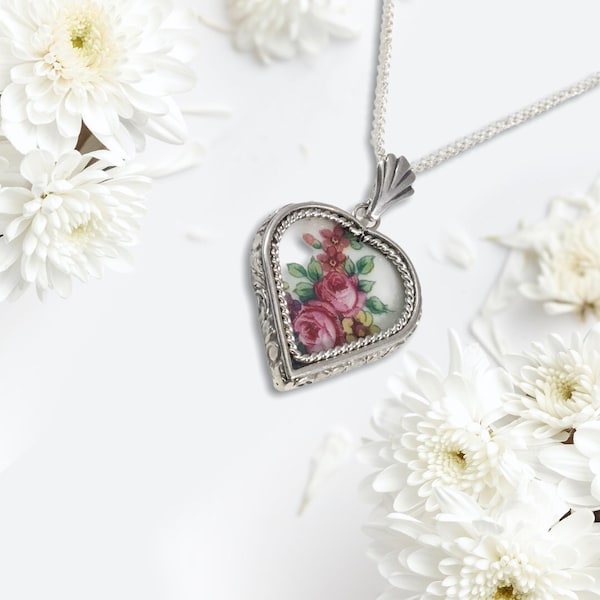 Floral Broken China Pendant, Pink Roses and Leaves, Handcrafted Sterling Silver Custom Setting, Broken China Jewelry, Valentine Gift