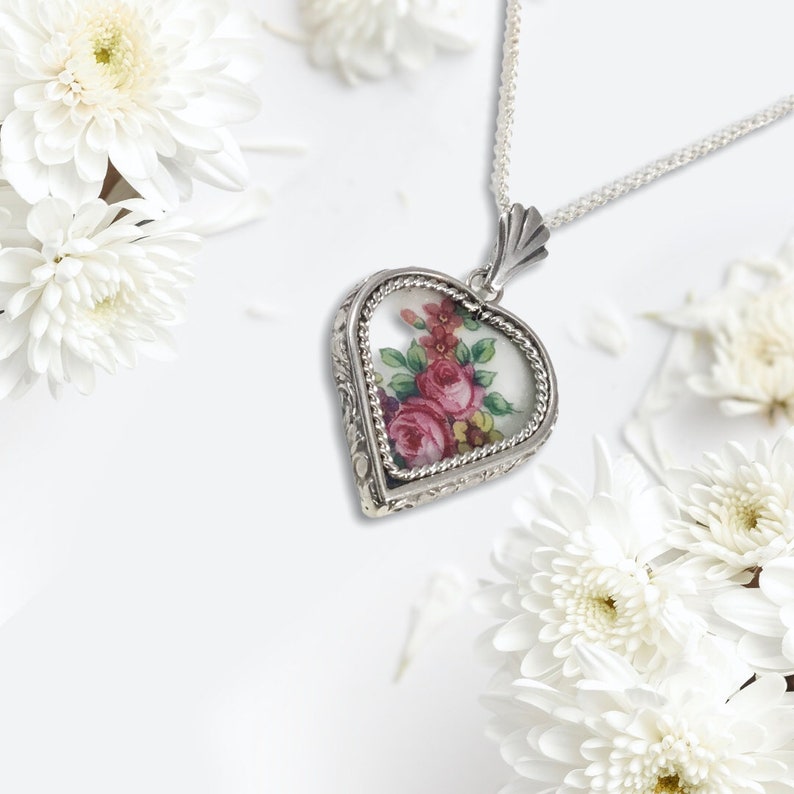 Floral Broken China Pendant, Pink Roses and Leaves, Handcrafted Sterling Silver Custom Setting, Broken China Jewelry, Valentine Gift image 1