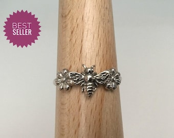 Honey Bee Ring with Daisies, 925 Sterling Silver, Handmade USA