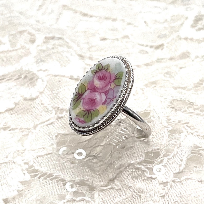 Handmade Broken China Ring from Vintage French Limoges Plate, Sterling Silver Setting, Valentine Gift image 5