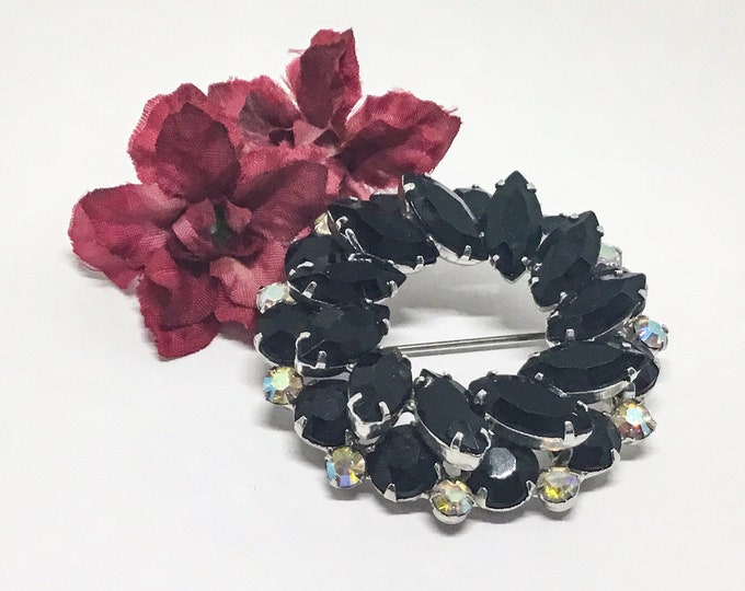 D & E Juliana Black Wreath Brooch, Two Layers Black Rhinestones, AB Rhinestones, Vintage 1969s, Juliana Lovers and Collectors