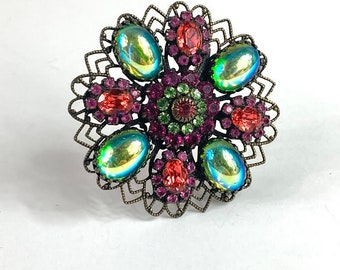 Vintage Liz Palacios Floral Brooch: Iridescent Art Glass & Pink Crystals