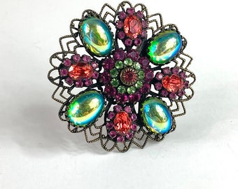 Vintage Liz Palacios Signed Floral Brooch, Shades of Pink Crystal Flowers, Art Glass Iridescent Cabachons, Mothers Day Gift