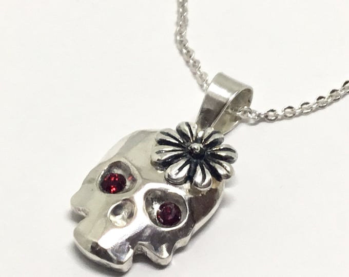 Cast Solid Sterling Silver Skull Pendant/ Handcrafted Skull/ Sterling Silver Daisy/ Red Crystal Eyes/ Goth Pendant/ Skull Jewelry