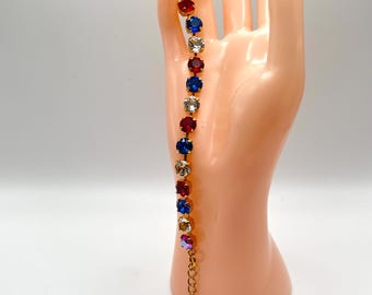 Handset 14 Cup Bracelet with European Crystals, Super Sparkly, Patriotic Colors, Holiday Bracelet