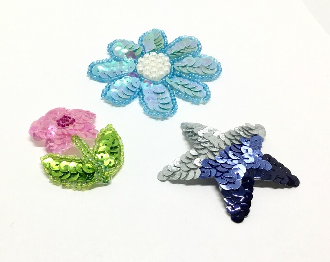 Sequin and Bead Appliqués, Flowers and Star, Sew On or Glue, Creative Embellishment